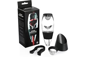 AUROAY Aerador y Decantador de Vino con 2x Filtros de Malla de Acero Inoxidable + 1x Cortador de Papel con Soporte, Jarra Decantadora para Vino Tinto, Accesorios para Vino Tinto, Negro