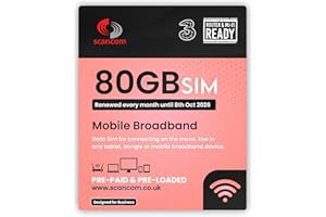 SCANCOM Three 80GB Data SIM - Uncapped 5G - Preloaded MONTHLY Until October 2026 - Plug & Play for Routers & Phones - Access to Three & Vodafone - Connects to the Strongest Signal available