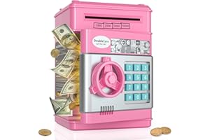 DOUBLECARE Alcancía electrónica para niños, caja de dinero con contraseña/música, caja de seguridad de efectivo con desplazamiento automático, gran y práctico regalo de cumpleaños para niños y niñas (rosa)