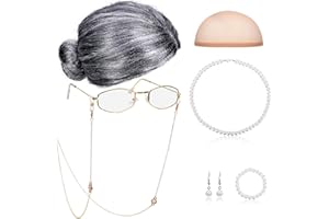 GEJOY Old Lady Cosplay Set Granny Wig Cap Glasses Chain Cords Faux Pearl Bead Necklace (Gray Bun Wig)