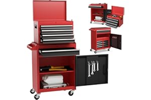 COSTWAY Large Rolling Tool Cabinet, 2-in-1 Detachable Metal Tool Chest with Drawers, Wheels, Handle & Hooks, Lockable Tool Box Trolley for Garage Workshop (5 Drawer with Adjustable Shelf, Red+Black)