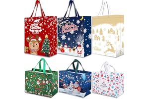 VOLSHA 6 Pack Christmas Reusable Grocery Bag,3 Large 3 Medium Size Tote Bags with Handle, Gift Present Bag, Shopping Bag for Holiday Xmas Event Party