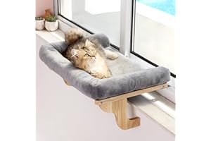 Zakkart Cat Perch for Window Sill with Bolster - Orthopedic Hammock Design with Premium Hardwood & Robust Metal Frame - Cat Window Seat for Large Cats and Kittens - Nartural Color Wood with Gray Bed