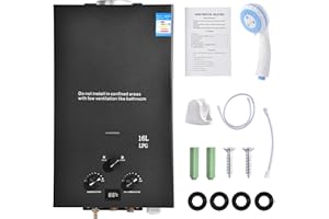 TEODUTE GPL 16L Scaldabagno a Gas Propano, Scaldabagno Istantaneo Senza Serbatoio da 32KW con Kit Doccia, Bruciatore per Caldaia per Campeggio, Camper, Casa (Nero)