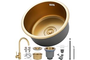 HZKSINNK Fregaderos de cocina, Fregadero individual dorado, 1 lavabo redondo de cocina / baño fregadero de acero inoxidable en oro, nano con juego de desagüe, fácil de limpiar, empotrable/montaje (oro