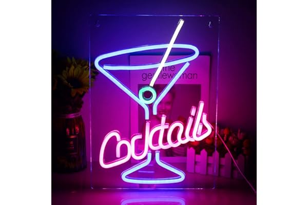 Wanxing Letreros de neón de vidrio de cóctel con letras LED de pared, USB azul rosa luz nocturna para dormitorio, bar, cerveza, oficina, hotel, pub, cafetería, sala de recreación, decoración