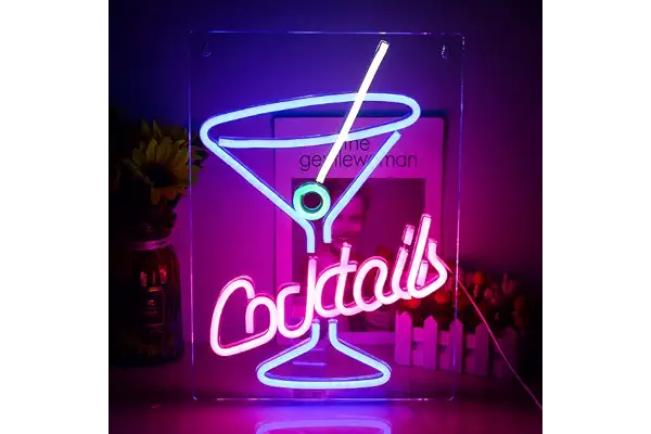 Wanxing Letreros de neón de vidrio de cóctel con letras LED de pared, USB azul rosa luz nocturna para dormitorio, bar, cerveza, oficina, hotel, pub, cafetería, sala de recreación, decoración