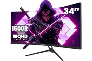 CRUA Gaming Monitor 34-Inch Curved Ultrawide WQHD Monitor 3440 x 1440 R1500 up to 165Hz DisplayPort x2 99% sRGB 1ms Picture by Picture, Machine Black