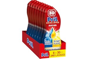 Pril Duo Gel, Detersivo lavastoviglie Gel, Azione Sciogligrasso con Limone, Formato da 8 Confezioni da 30 Lavaggi, totale 240 Lavaggi