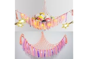 Wolancy Kuscheltier Aufbewahrung Hängematte mit LED-Licht, Spielzeug Aufbewahrung Netz Hängend Organizer, Niedliche Spielzimmer Dekoration