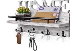 SWTYMIKI Key Holder for Wall with Home Decoration, Key Hanger with 7 Sturdy Key Hooks and Mail Holder Design, Decor Wood Key Rack for Hallway, Entryway, Mudroom, Office, White