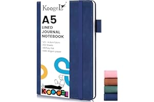 Koogel A5 Notebook, 100 Lined Pages Journal Notebook 80 gsm with Faux Leather Cover Pen Holder for Writing, Diary, Notetaking (Blue 15x21cm)