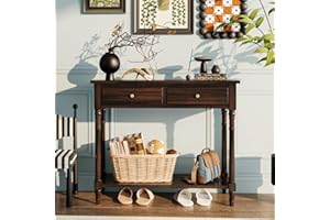PADMA HOUSE Konsola z litego drewna z 2 szufladami, stolik na sofę z półką do przechowywania, wąski stół do przedpokoju na 2 poziomy, rustykalny styl rustykalny (brązowy)