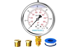 HANSFELDS Manomètre Hansfeld 0–60 bar/psi, cadran 63 mm, rempli de liquide, montage inférieur BSP 1/4 pouce, intérieur et montage en laiton, précision 1,6, inclut 2 réducteurs vers 3/8" et 1/2".