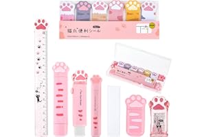 Andibro 9 Pcs Cute Cat Paw Stationery Set, Kawaii School Cat Stationary Supplies Cartoon Pencil Sharpener Retractable Eraser Correction Tape Sticky Notes Ruler Mini Scissors Eraser Core(Pink)