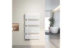 Heilmetz Radiador toallero de tubo plano 500 x 899mm, radiador toallero electrico baño caliente de una cara, conexión lateral para toallero de agua caliente, Blanco