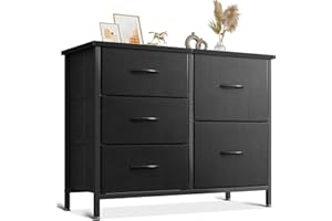 Coleshome Small Chest of Drawers Bedroom with 5 Fabric Drawers, with 2 Large and 3 Small Drawers, Wooden Top, Sturdy Steel Frame, Suitable for Bedroom and Living Room, 76 x 29 x 60cm, Black