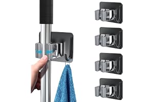 homeasy Mop Broom Holder, 4 Pcs Stainless Steel Self Adhesive Mop Holder Wall Mounted with Hooks Hanger Self-Adhesive Broom H