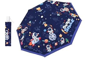 DECALSWEET Regenschirm Kinder Mädchen mit Niedlichem Muster, Kinderschirm Reflektierend mit Schirmhülle & Auf-Zu-Automatik, Taschenschirm Winddicht Sturmfest für Jungen Leicht zu Transportieren-Astronaut