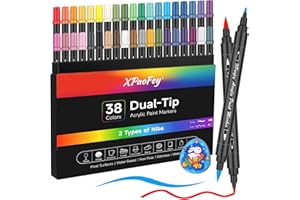 VividHues 38 Couleurs Marqueur Peinture Acrylique à Double Pointe, Acrylique Peinture stylo pour la peintur Tissu Papier Plastique - Acrylic Paint Marker à base d'eau à Pointe Fine & Pinceau
