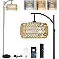 Rayofly Arc Floor Lamp for Living Room, Dimmable Floor Lamps with Remote Control, Boho Standing Lamp with Rattan & Linen Double Shades, Black Reading Tall Lamp for Bedroom Office, 9W LED Bulb Included