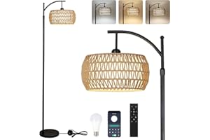 Rayofly Arc Floor Lamp for Living Room, Dimmable Floor Lamps with Remote Control, Boho Standing Lamp with Rattan & Linen Double Shades, Black Reading Tall Lamp for Bedroom Office, 9W LED Bulb Included