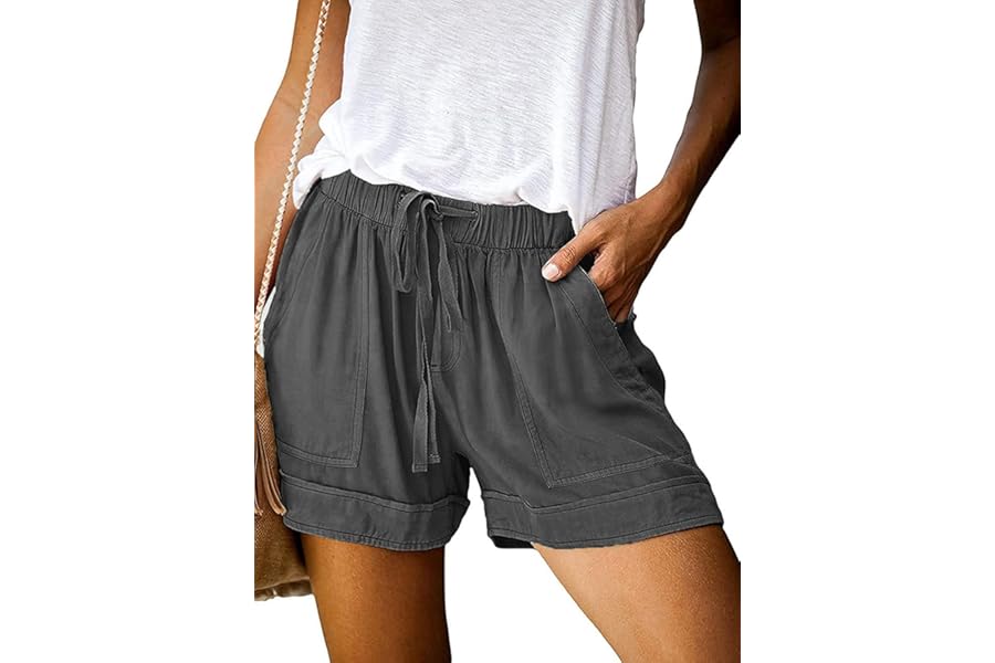 comefohome Shorts Womens UK Summer Drawstring Cotton Elastic Waist Solid Color Casual Shorts with Pockets