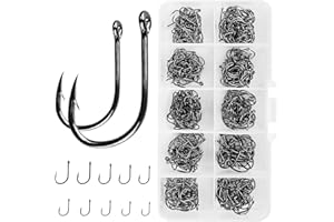 VIPMOON Anzuelos de Pesca de Púas Gancho Afilado de Acero al Carbono con Agujero Anzuelos de Pesca con Caja de Plástico para Agua Salada de Agua Dulce