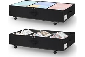 JUPELI Under Bed Storage Box with Clear Lid and Adjustable Dividers, 2 Pack Large 50L Under Bed Clothes Storage Organiser on Wheels, Underbed Storage W/Sturdy Bottom Support for Duvet, Bedding, Shoes