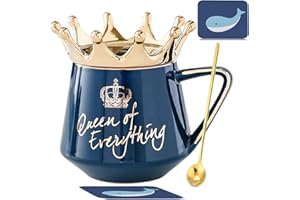 Arawat filiżanka z pokrywką w kształcie korony i z napisem Queen of Everything, uroczy, niebieski kubek do kawy, z łyżeczką i podstawką, 350 ml, ceramiczny, dla kobiet, mamy, przyjaciółki