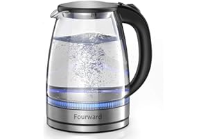 Fourward Bouilloire électrique à ébullition rapide, 2 L, 2300 W, bouilloire en verre facile à nettoyer, arrêt automatique et protection contre l'ébullition à sec, sans BPA
