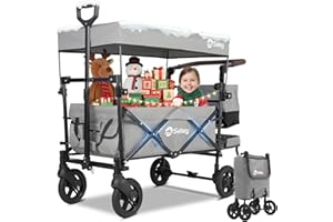 ‎SEKEY Sekey Bollerwagen Faltbar mit Dach 2 Kinder 100KG, Faltbarer Bollerwagen Handwagen Schiebegriff, Kinderwagen Stoßfest PU-Räder mit Bremsen 110L, SS5050, Grau