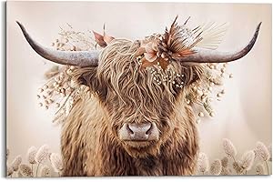 REINDERS Wall Picture, Highlander in Flowers, Living Room, Pictures, Wall Decoration, Room Decor, MDF, Beige, 60 x 90 cm