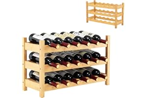 HOMFME Range Bouteille en Bambou Massif Robuste, Étagère à 3 Niveaux pour 18 Bouteilles sur Table, Design Incliné, 62 x 24 x 38 CM, Casier à Vin pour Bar, Salon, Salle à Manger, Naturel