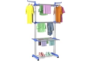 Innotic Etendoir Linge Intérieur et Extérieur, 4 Niveaux Séchoirs à Linge Pliable et Extensible Peu Encombrant, Grande Capacité Seche Linge Etendoir avec Roues, Acier Inoxydable, 170cm, Bleu Gris