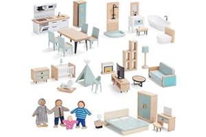 GIANT BEAN ​​Set de Meubles de Maison de Poupée en Bois, 36 Pièces de Mobilier avec 4 Poupées Famille, Accessoires pour Poupées, Jouet pour Filles, Garçons et Tout-Petits de 3 Ans et Plus​ (Bleu)