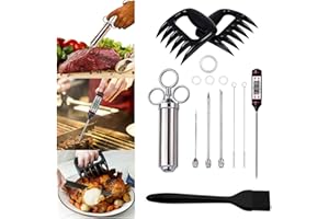 BBQ Bratenspritze Set Select Zone Fleischspritze in Edelstahl 304 mit 1 Marinierpinsel 3 Nadeln 1 Paar Fleischkrallen 1 Grillthermometer für BBQ Grill
