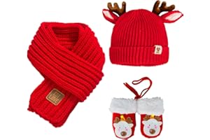 BITOYO Cappello a Maglia Bambini Invernale Sciarpa Guanti, 3 in1 Kids Beanie Cappello Sciarpa Guanti Tema Degli Alci Set di Accessori Invernali da Esterno con Confezione Regalo per Ragazzi Ragazze 1-6 Anni