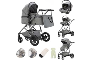 Zkiprm Cochecito 3 en 1 Empuje Mango Ajustable Ciudad Portátil Cochecito Con Asiento De Coche Absorción de Golpes Alto Paisaje Gris oscuro