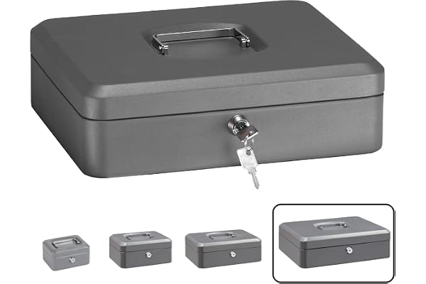 ARREGUI Elegant C9246 Caisse à monnaie et billets à clé pour ranger et transporter l'argent | Caisse en acier monnayeur et compartiment pieces | Coffre fort portatif 30 cm de large | Gris graphite