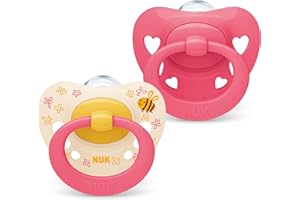 NUK Signature smoczek dziecięcy, 6-18 miesięcy, uspokaja 95% niemowląt, bez BPA, silikonowy smoczek w kształcie serca, z etui, różowe serca, 2 sztuki