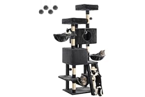 FourFurPets Cat Scratching Post 160 cm High Activity Tree with 2 Platforms 2 Caves, 2 Baskets, Hammock, Plush Balls, Sisal Stairs, Smoke Grey