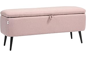 HOMCOM Puff Almacenaje Banco Almacenaje 61L Tapizado en Lino Sintético con Tapa Abatible y Patas de Acero para Dormitorio Salón Entrada Carga 150 kg 101x38,5x44,5 cm Rosa