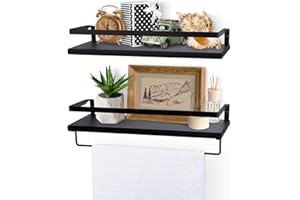 Anicoll Wandregal schwebend Holz Wandmontierte schwebende Regale mit Handtuchhalter Rustikale Aufbewahrungsregale Ideal für Wohnzimmer Schlafzimmer Flur Badezimmer 2 Stücke (Schwarz)