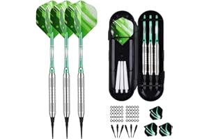 sanfeng Dardos con punta de plástico para diana electrónica, 18 g, 21 g, dardos blandos con mango de aluminio, 6 plumas, 50 puntas de dardo, 50 anillos de goma antisueltos, color lila, azul y negro