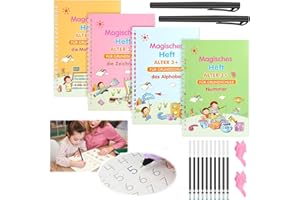 FINETOKNOW Magisches Heft Deutsch, 4 Stück Magische Übungshefte für Kinder 26*18.5CM Wiederverwendbar Magisches Buch Groove Calligraphy Schreiben Lernen ab 4 Schreiblernheft mit Schreibhilfe für Stift Kinder