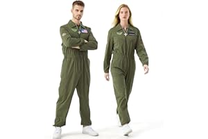 Firecos Pilot Kostüm Herren Pilot Jumpsuit Kampfjetpilot Cosplay Luftwaffe Flug Kämpfer Outfit Fliegeranzug mit Aufnähern für Halloween Karneval