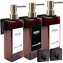 GOYISEE Shampoo en Conditioner Dispenser voor Douchemuur 3 Kamers, Hervulbare Shampoo en Conditioner Flessen met Waterdichte Etiketten, Zeepdispenser met Pompen (3 Flessen 3 Wandmontages-bruin