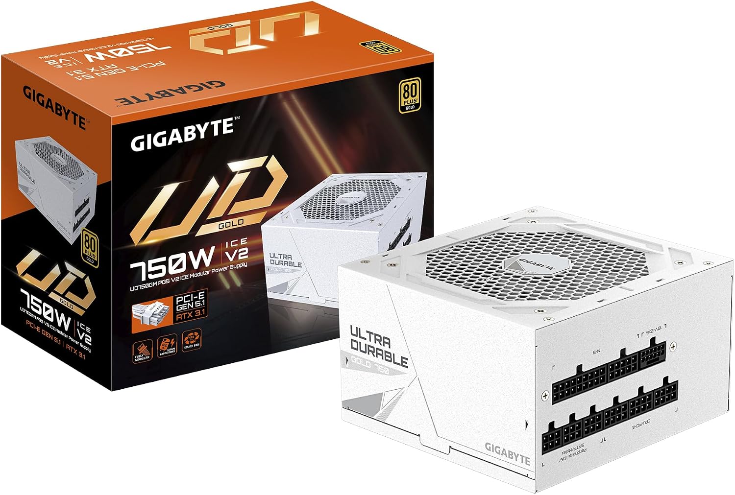 Gigabyte UD750GM PG5 ICE 80 Plus Gold Fully Modular 750w PCIe 5.0 White Power Supply Unit, ATX 3.1, 12VHPWR GPU Connector, Flat Cables, 10 Year Warranty
