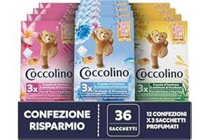 Coccolino Profuma Biancheria, 3 Sacchetti per Ogni Confezione di Fragranze Assortite, Profumo Primavera, Fiori di Tiarè & Frutti Rossi, Ylang Ylang, Confezione da 12 per un Totale di 36 Sacchettini